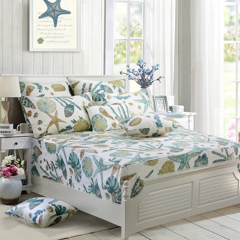 FADFAY Sheet Set Queen Beach Themed Bedding Sets 100% Cotton Super Soft Coastal Bedding White Teal Seashells and Starfish Nautical Bedding with Deep Pocket Fitted Sheet 4-Pieces Queen Size - Image 2